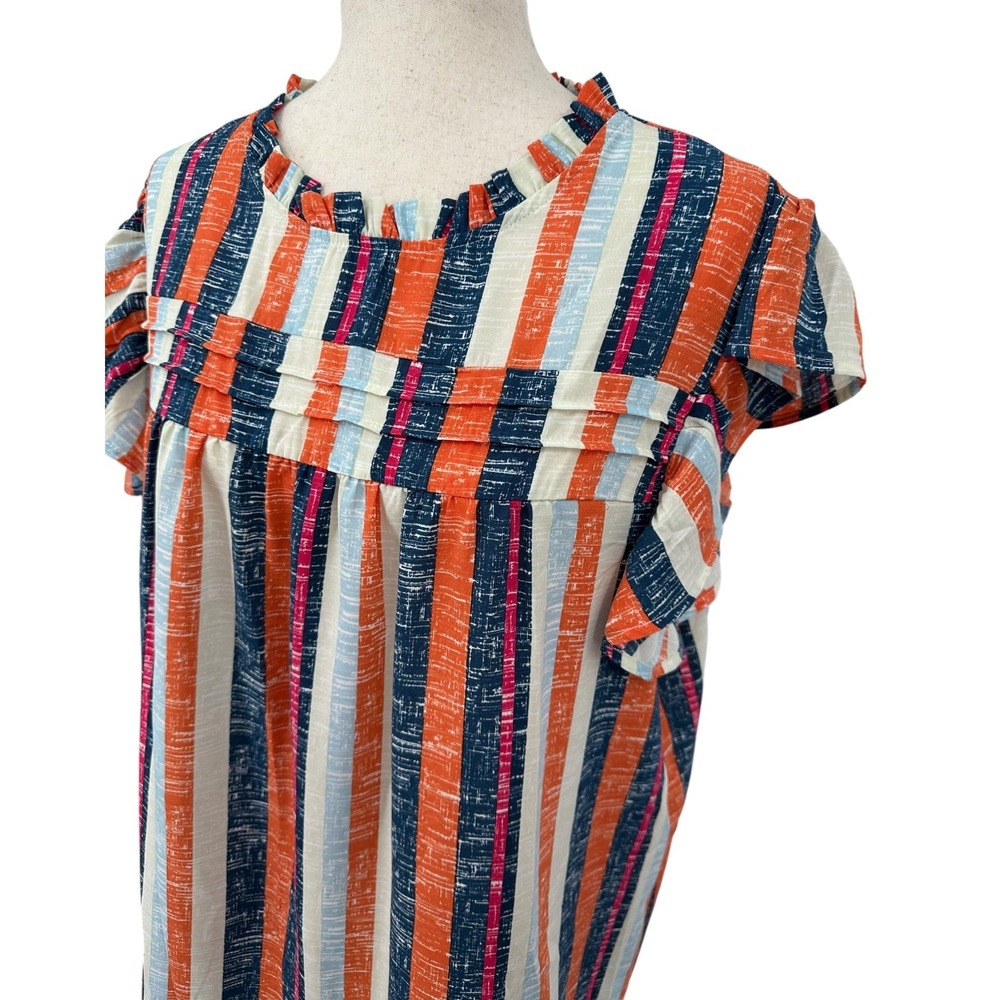 SHEWIN Flutter Sleeve Blouse Navy & Orange Stripe Ruffle Neck Women's 2XL - Picture 2 of 11